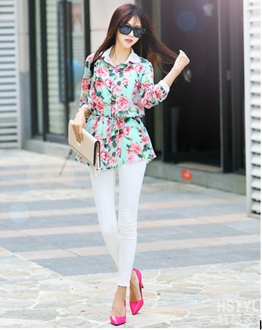 穿衣打扮显高服装搭配方法：收腰衬衫+紧身长裤搭配